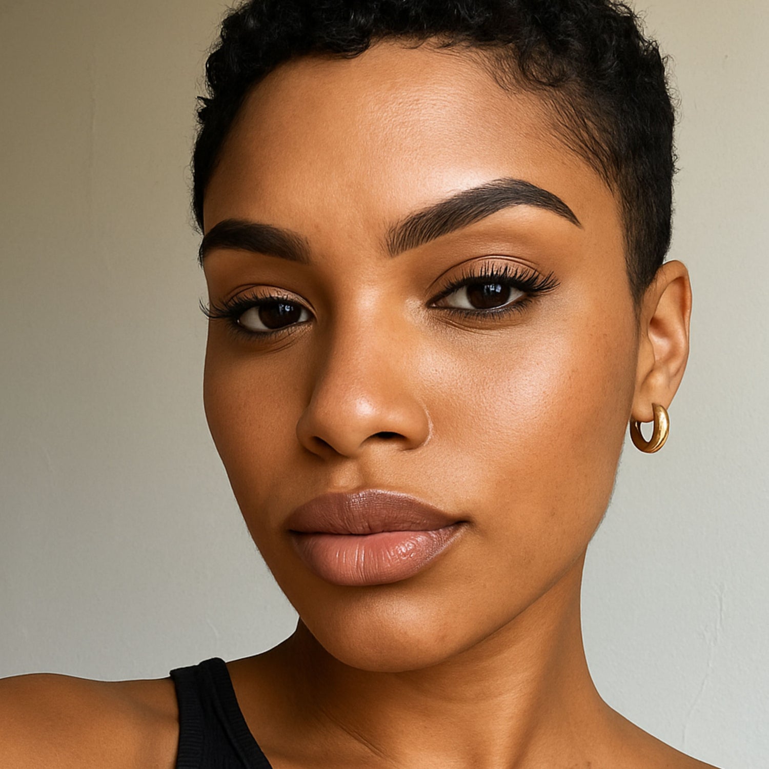 Model showcasing 10-day hybrid brow stain with natural, defined eyebrows and a radiant complexion.