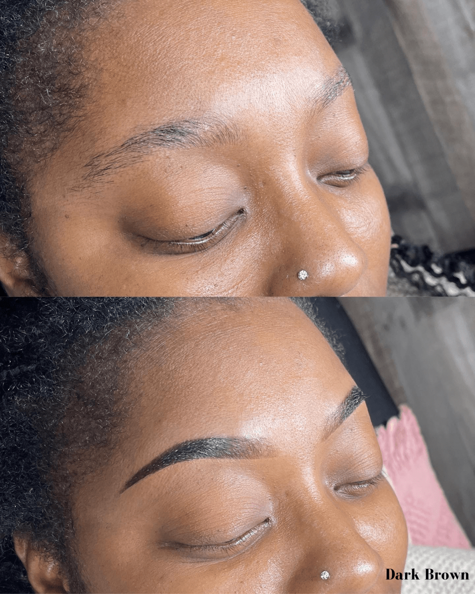 Before and after results of dark brown henna brow stain