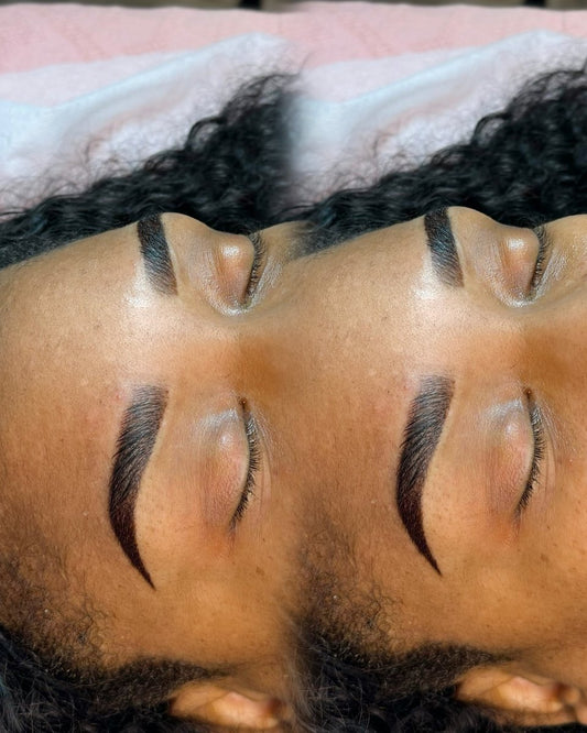 Custom shade of medium brown and chestnut brown on woman’s eyebrows